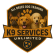 K9 Services Unlimited dog training logo with four dogs and a paw print on a black-and-gold shield