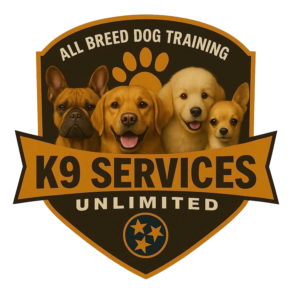 K9 Services Unlimited dog training logo with four dogs and a paw print on a black-and-gold shield