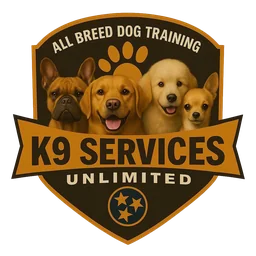 K9 Services Unlimited dog training logo with four dogs and a paw print on a black-and-gold shield