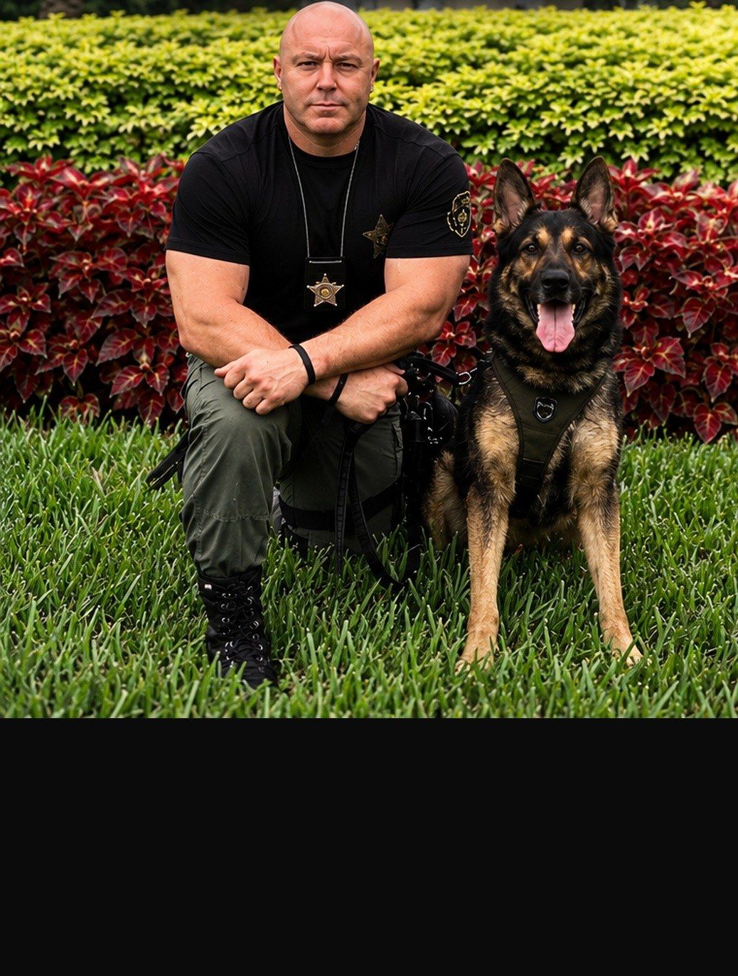 Justin Rigney kneeling beside his German shepherd in front of a hedge and red plants