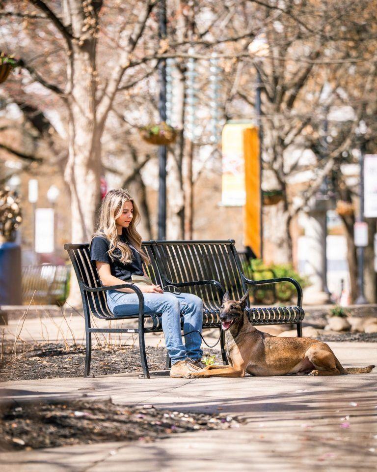 Woman sits on a park bench beside a resting dog among bare trees in autumn.